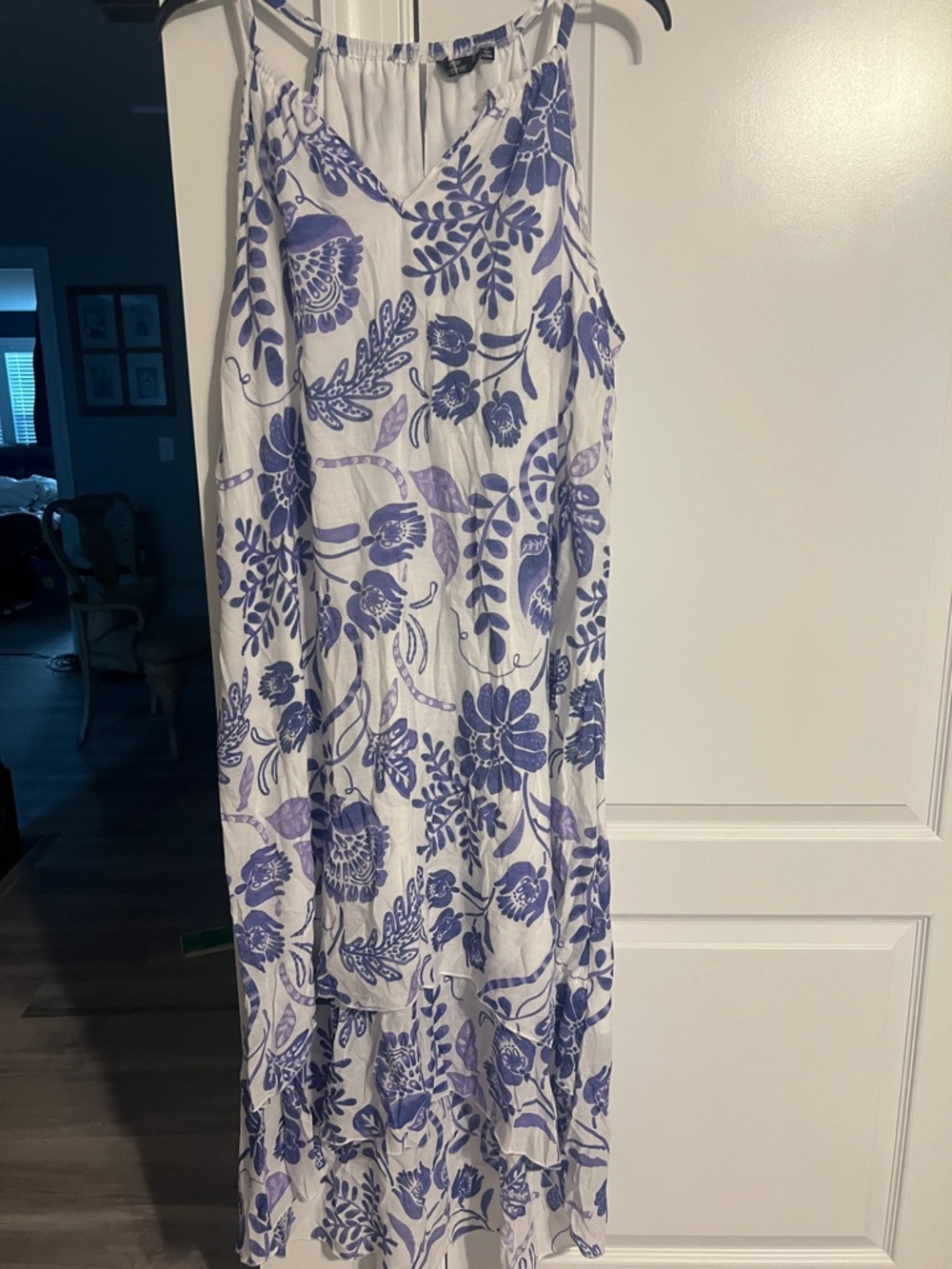Sleeveless White Dress with pBlue Floral Print